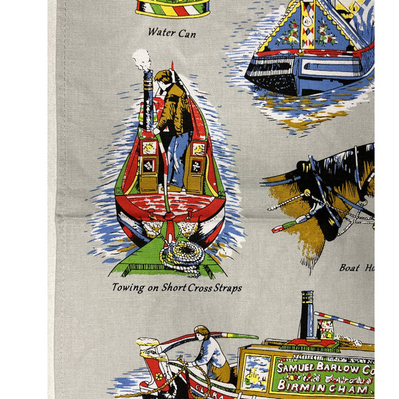 Tea Towel Narrow Boats at Work 100% Cotton Printed 29" X 20" Vibrant Colors - Picture 7 of 9